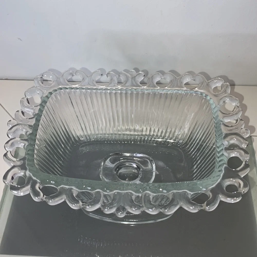 Vintage Indiana Glass Clear Lace Edge Pedestal Candy Bowl with Lid